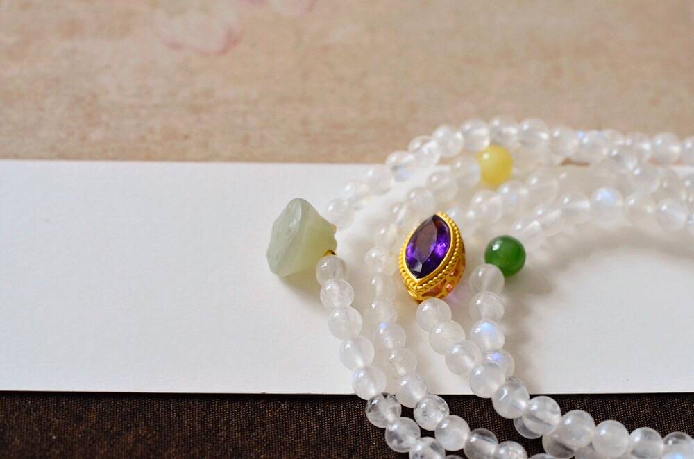 Moon Zen Court" Moonstone Multi-circle bracelet: Amethyst Attracts wisdom, amber Brings Blessings, Jade Guards Roots, Lotus Pod Conceals Truth, Gilt Adorns the moon