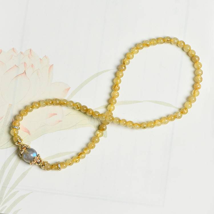 "Sun and Moon Echoes" Double Ring Golden Hair Crystal Grey Moonlight Bracelet: 5mm Fine Golden Glow + 10mm Cool Moonlight ✨🌟
