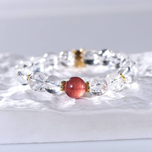 Rainbow Frequency: White Azeztulite & Strawberry Quartz 14K Gold Bracelet