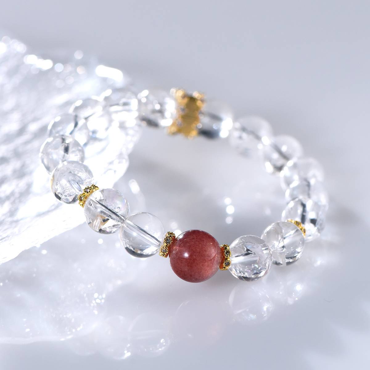 Rainbow Frequency: White Azeztulite & Strawberry Quartz 14K Gold Bracelet