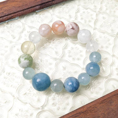 Sakura Promenade: Aquamarine, Xiuyan Jade & Cherry Blossom Agate Bracelet