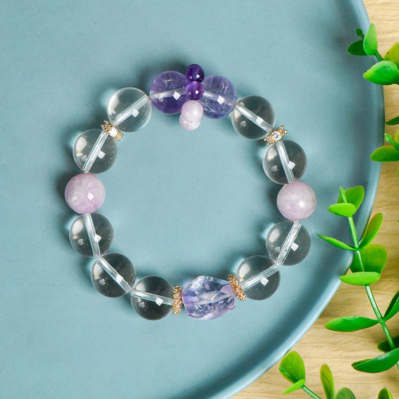 Stellar Prism: Faceted White Quartz, Amethyst & Kunzite Power Bracelet