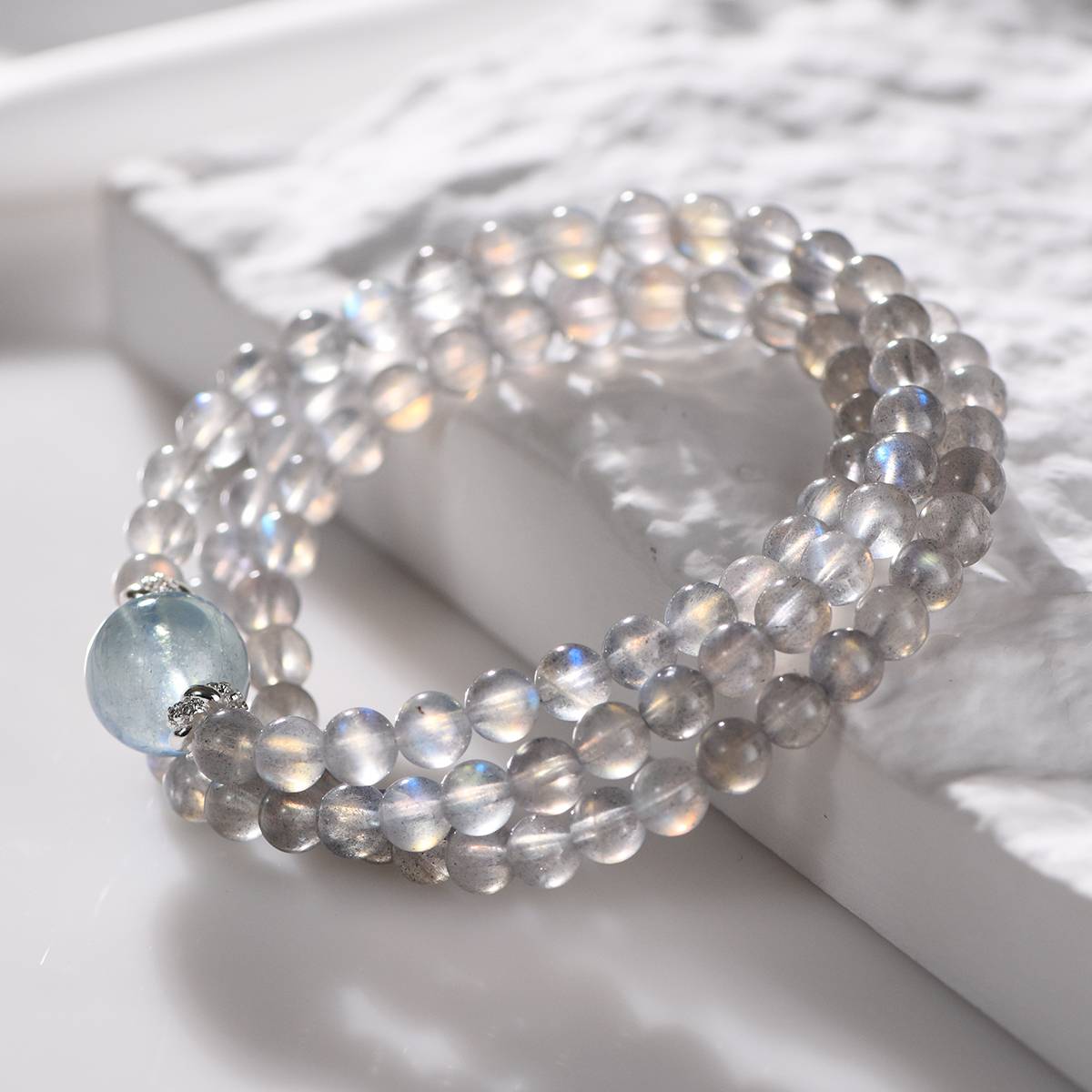 "Deep Dive Repair" Grey Moon Aquamarine Multi-Loop Transport Bead Bracelet: 6mm Grey Moon Matrix · 13mm Aquamarine Pivot · Silver Track Energy Net