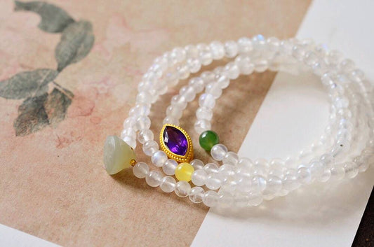 Moon Zen Court" Moonstone Multi-circle bracelet: Amethyst Attracts wisdom, amber Brings Blessings, Jade Guards Roots, Lotus Pod Conceals Truth, Gilt Adorns the moon