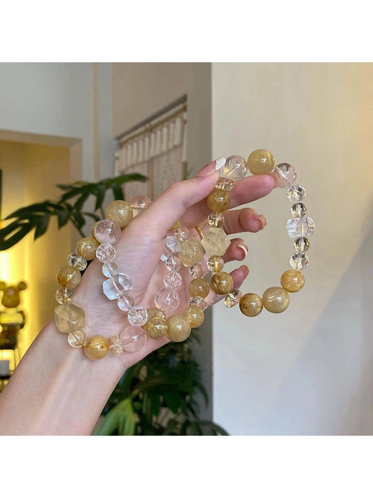 【 Crystal Design 】 Natural Golden Hairpin Double-Pointed White Crystal Bracelet: Flowing Golden River of Light