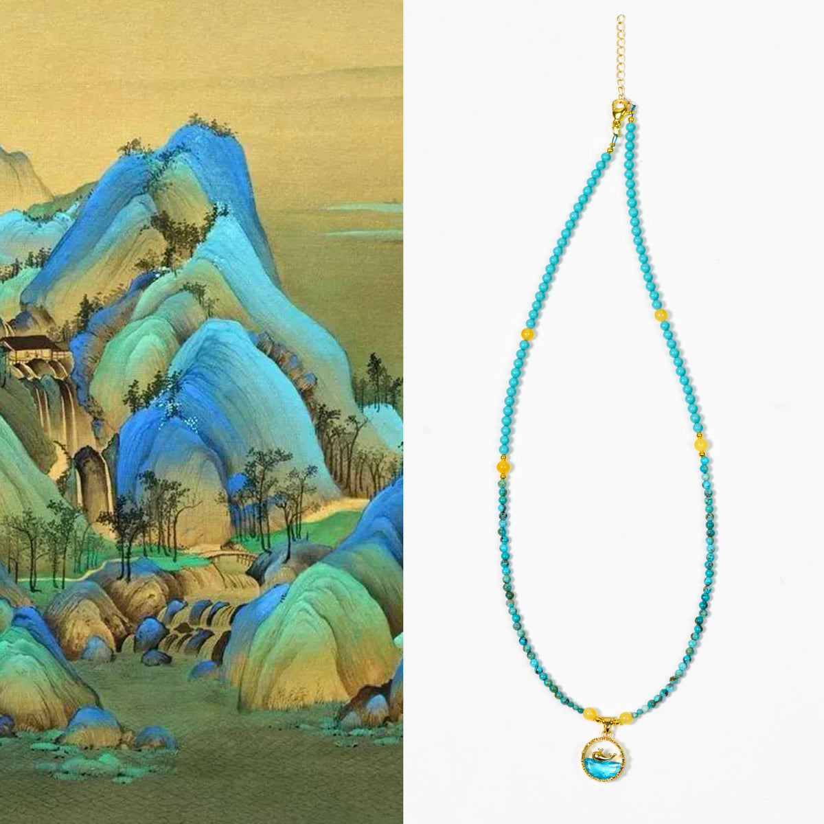 Whale and Deep Blue · Turquoise Amber Guards the Collarbone Chain: The sky mirror of Hubei pine, the time amber of amber, Whale guides the voyage