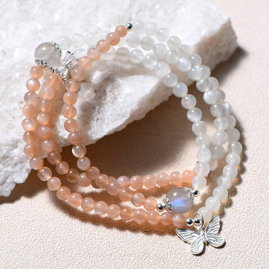 "Star and Moon Trio" Golden sand orange Moonlight + Lemon white Moonlight three-loop bracelet with grey moonlight lapis lazuli top bead