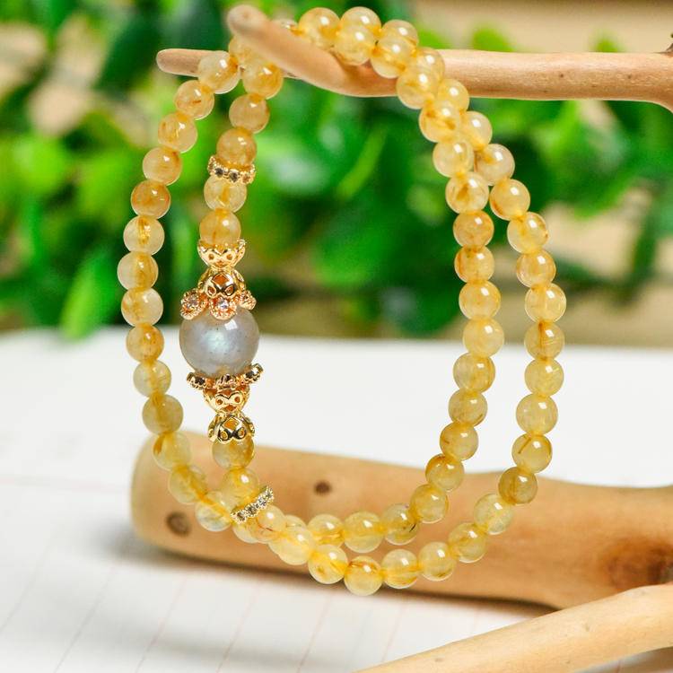 "Sun and Moon Echoes" Double Ring Golden Hair Crystal Grey Moonlight Bracelet: 5mm Fine Golden Glow + 10mm Cool Moonlight ✨🌟