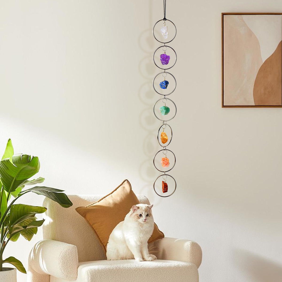 "Seven-color Flow · Energy Resonance" Natural seven-color crystal rough stone circular pendant: Yoga Chakra Companion · Home Wind Chime Energy Field