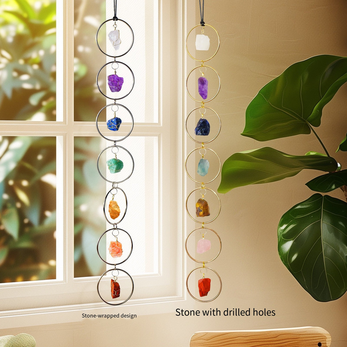 "Seven-color Flow · Energy Resonance" Natural seven-color crystal rough stone circular pendant: Yoga Chakra Companion · Home Wind Chime Energy Field