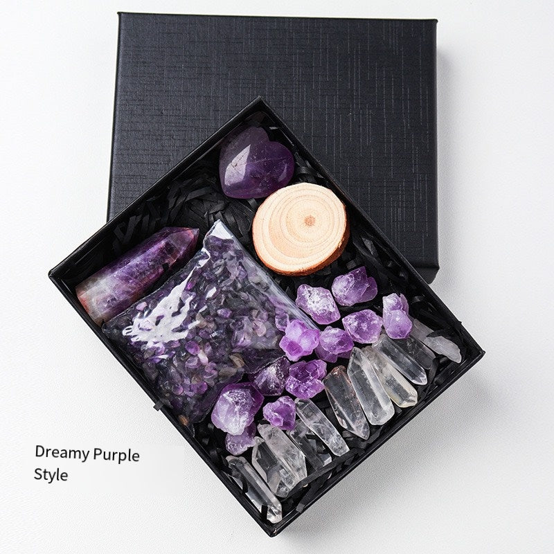 🔮 [Natural amethyst rough Stone + hexagonal Prism Crystal + Energy Gravel Set] - 13 energy universes, switch as you like!