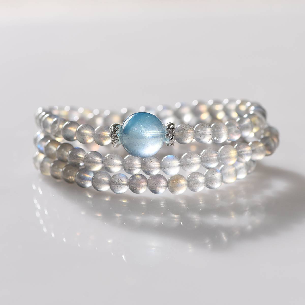 "Deep Dive Repair" Grey Moon Aquamarine Multi-Loop Transport Bead Bracelet: 6mm Grey Moon Matrix · 13mm Aquamarine Pivot · Silver Track Energy Net